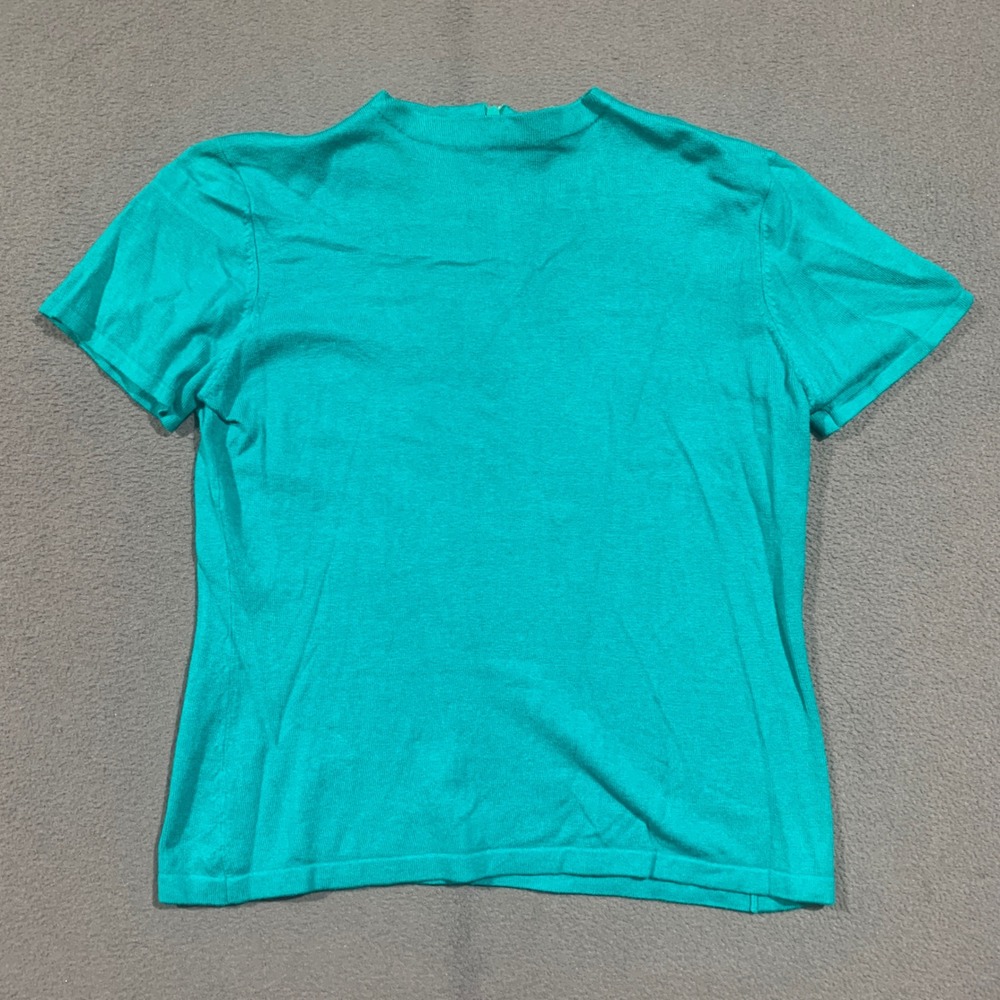 VTG 80s Preston & York Short Sleeve Sweater Women L Teal Mock Neck Zip Back Knit